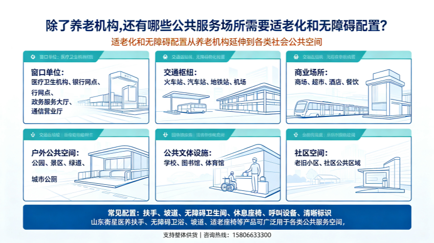除了养老机构，还有哪些公共服务场所需要适老化和无障碍配置？